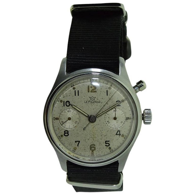 Lemania Stainless Steel Military Single Button Chronograph Manual Watch