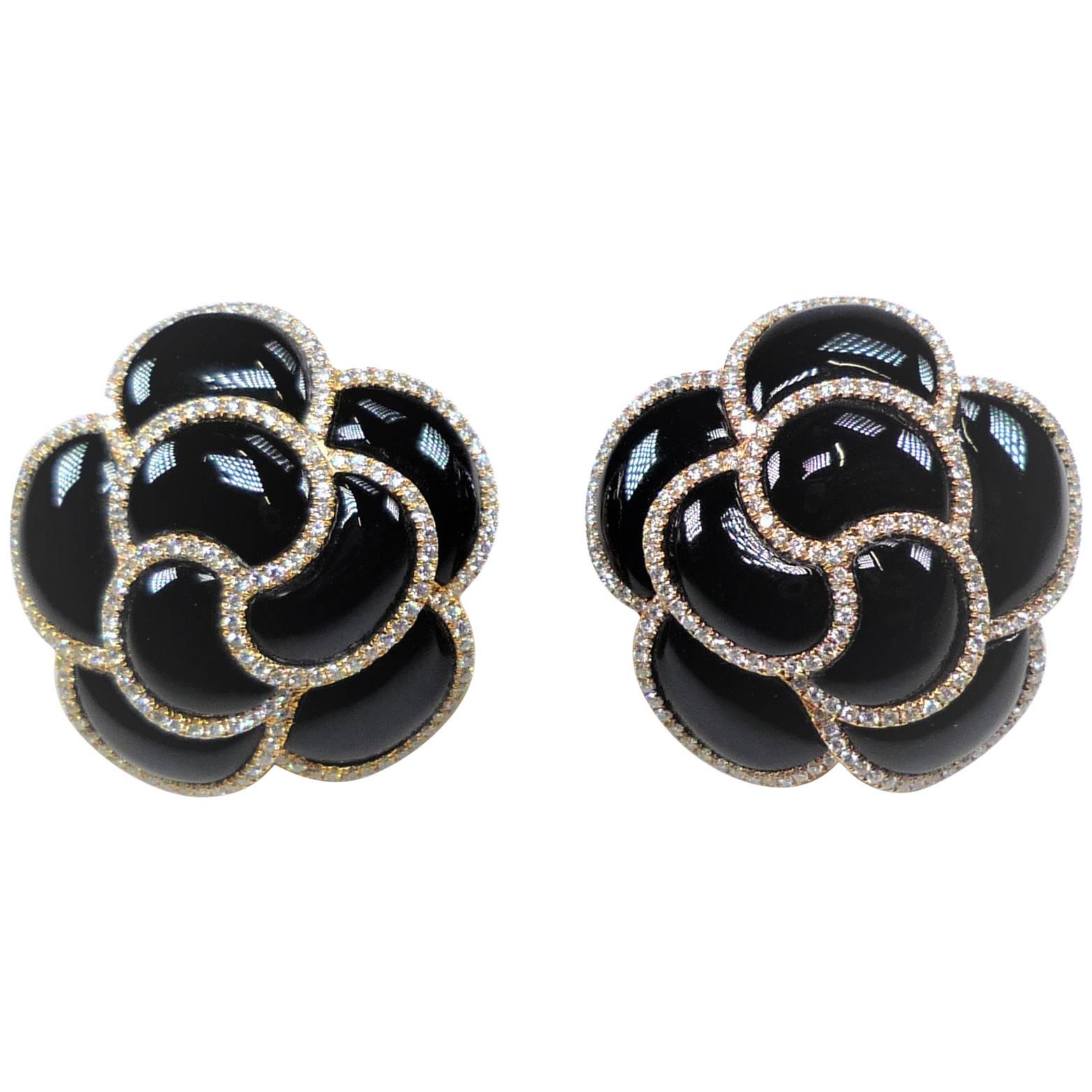 Diamond and Onyx Flower Earrings