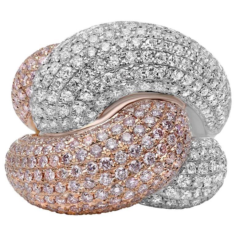 Pink and White Diamond Pave Cocktail Ring in Two-Tone White and Rose Gold For Sale