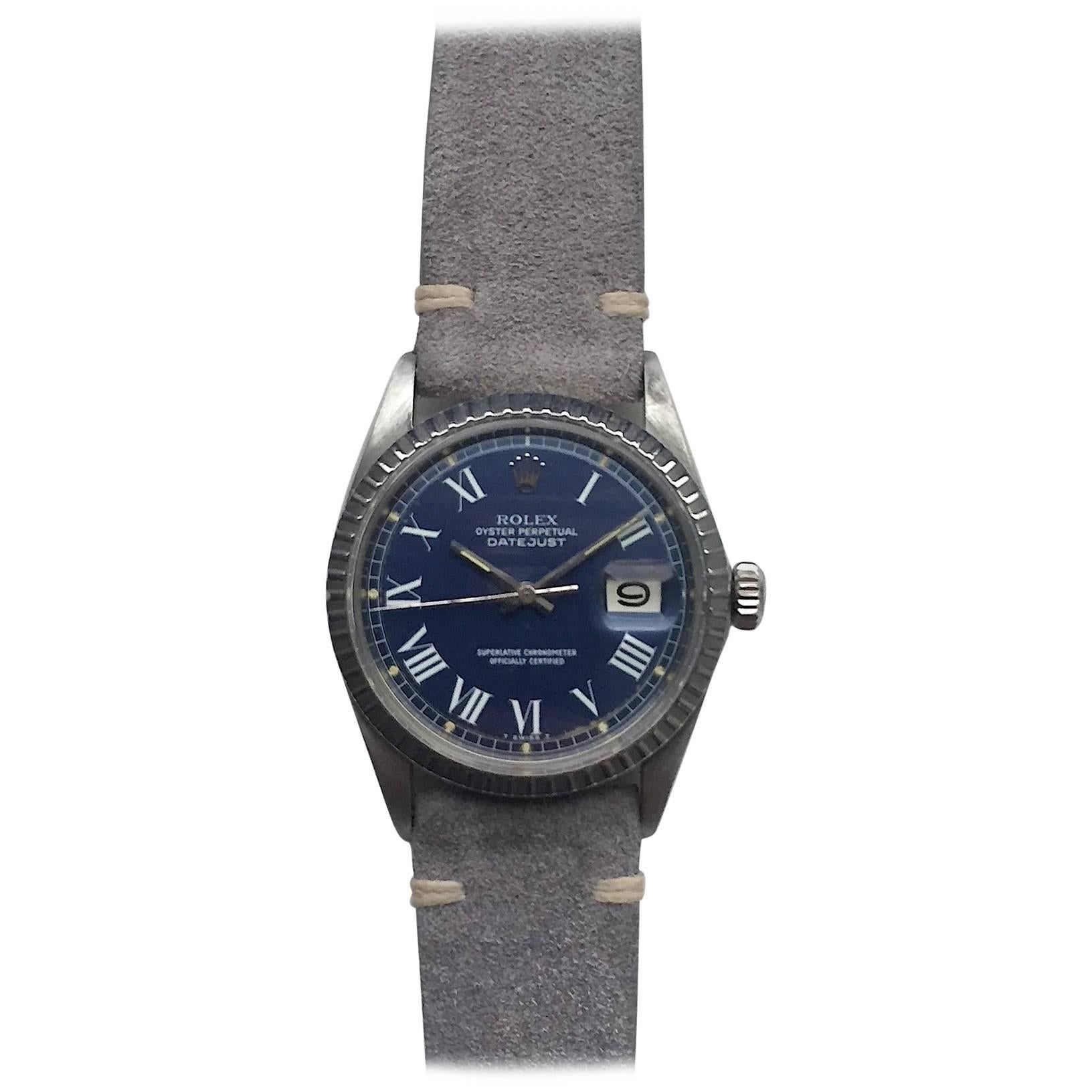 Rolex Stainless Steel Blue Buckley Dial Datejust Vintage Automatic Wristwatch