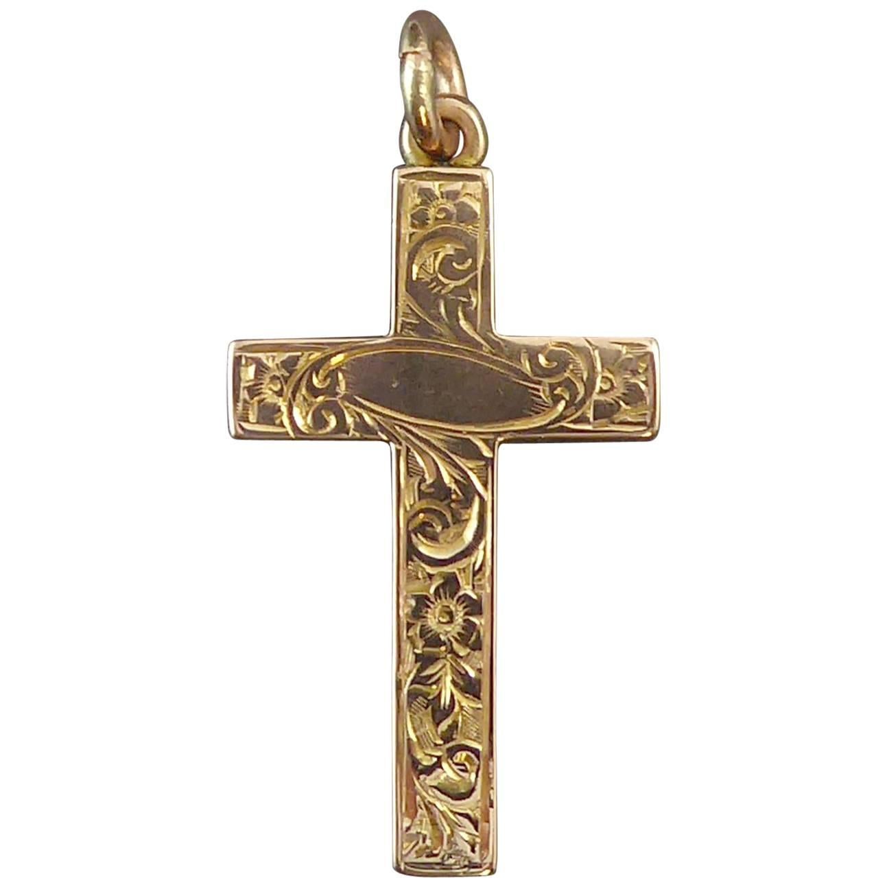 Edwardian Antique Cross, Hand Engraved, 9 Carat Gold, Birmingham, 1901