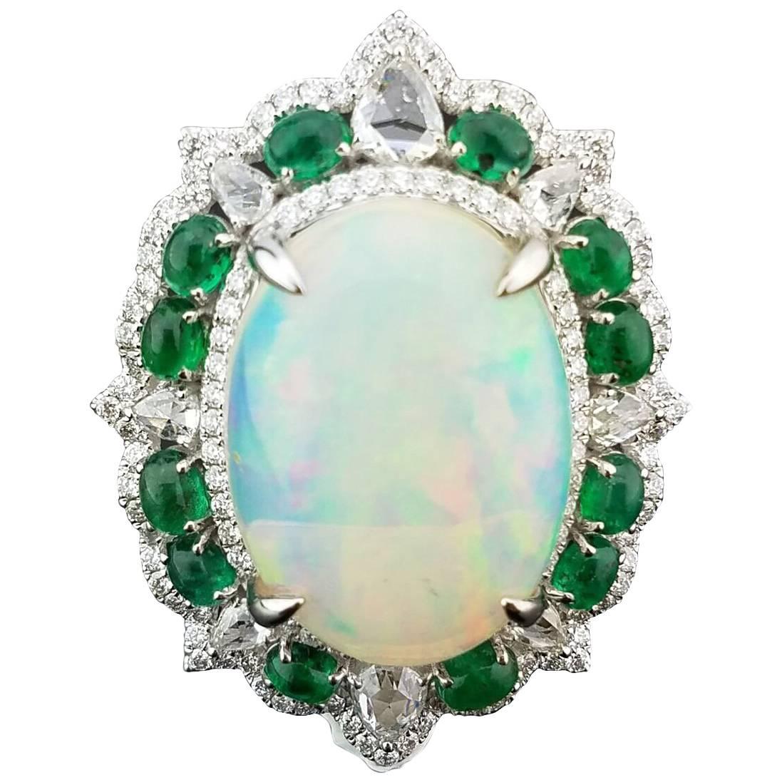 10.66 Carat Cabochon Opal, Emerald and Diamond Cocktail Ring