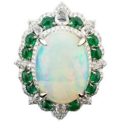 10.66 Carat Cabochon Opal, Emerald and Diamond Cocktail Ring