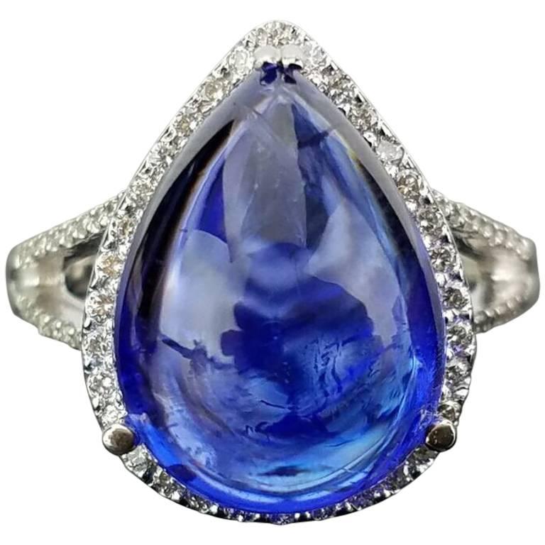 10.9 Carat Pear Cabochon Tanzanite and Diamond Cocktail Ring For Sale