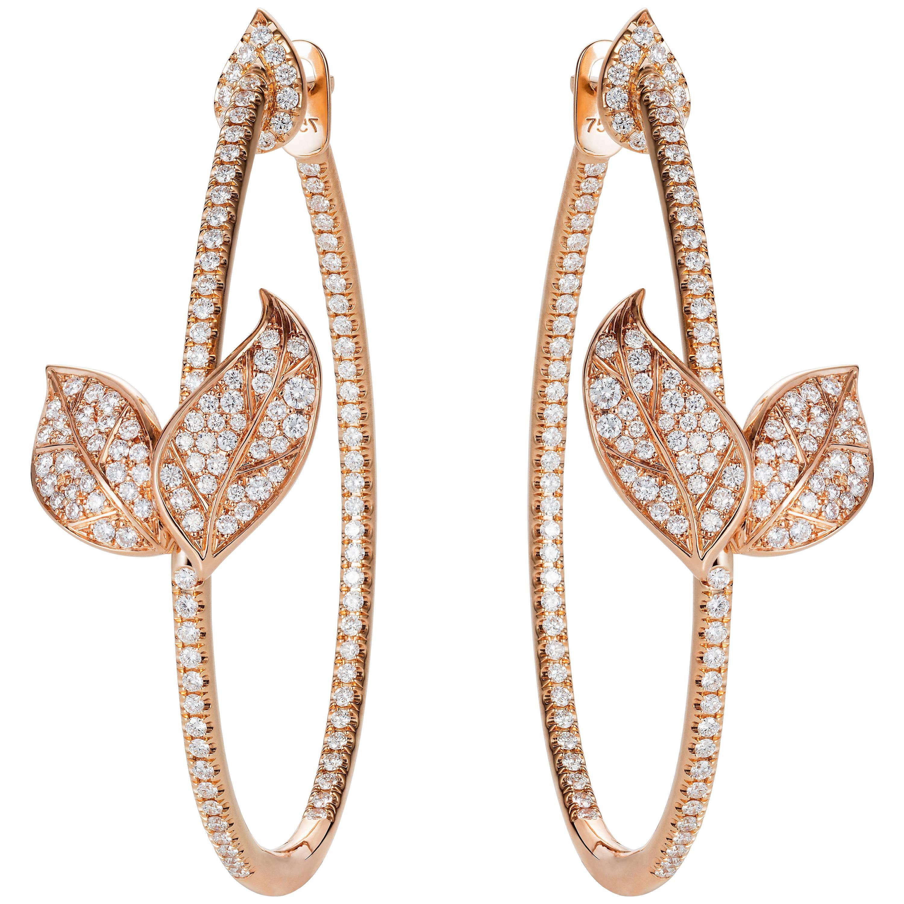 Nadine Aysoy Petite Feuilles 18 Karat Rose Gold and White Diamond Hoop Earrings For Sale