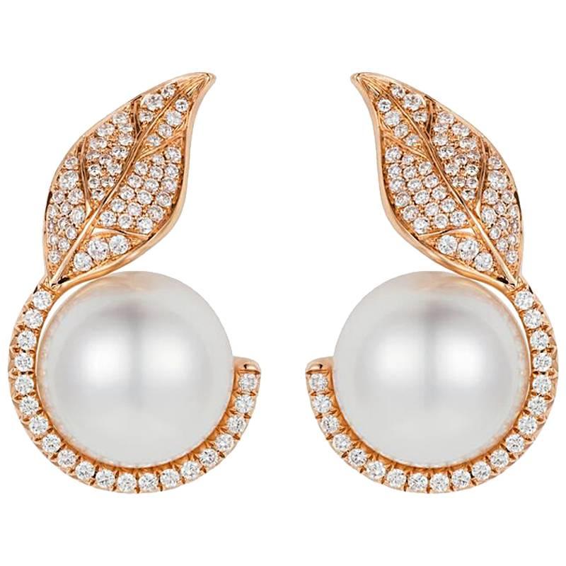 Nadine Aysoy Diamond and White South Sea Pearl Earrings For Sale