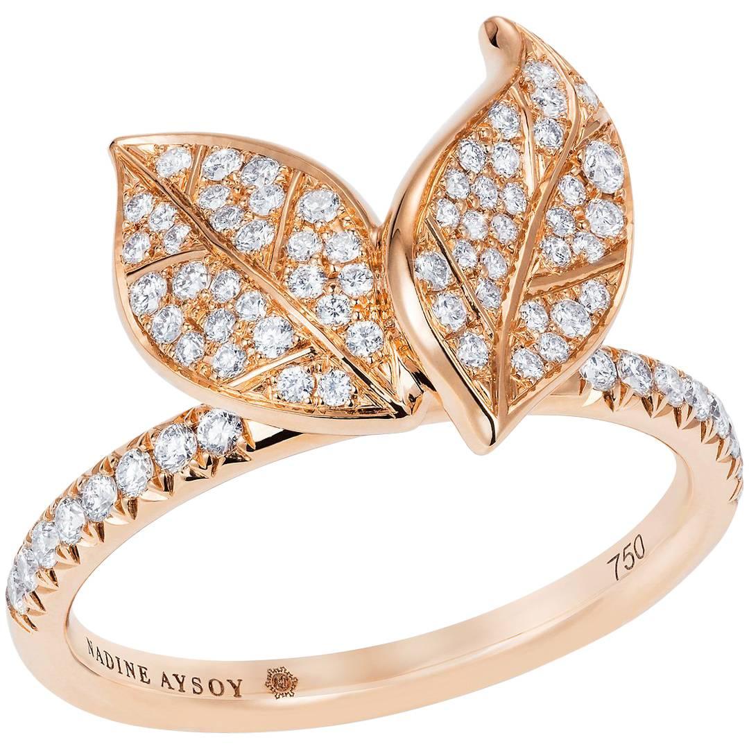 Nadine Aysoy Petite Feuilles 18 Karat Rose Gold and Diamond Ring For Sale