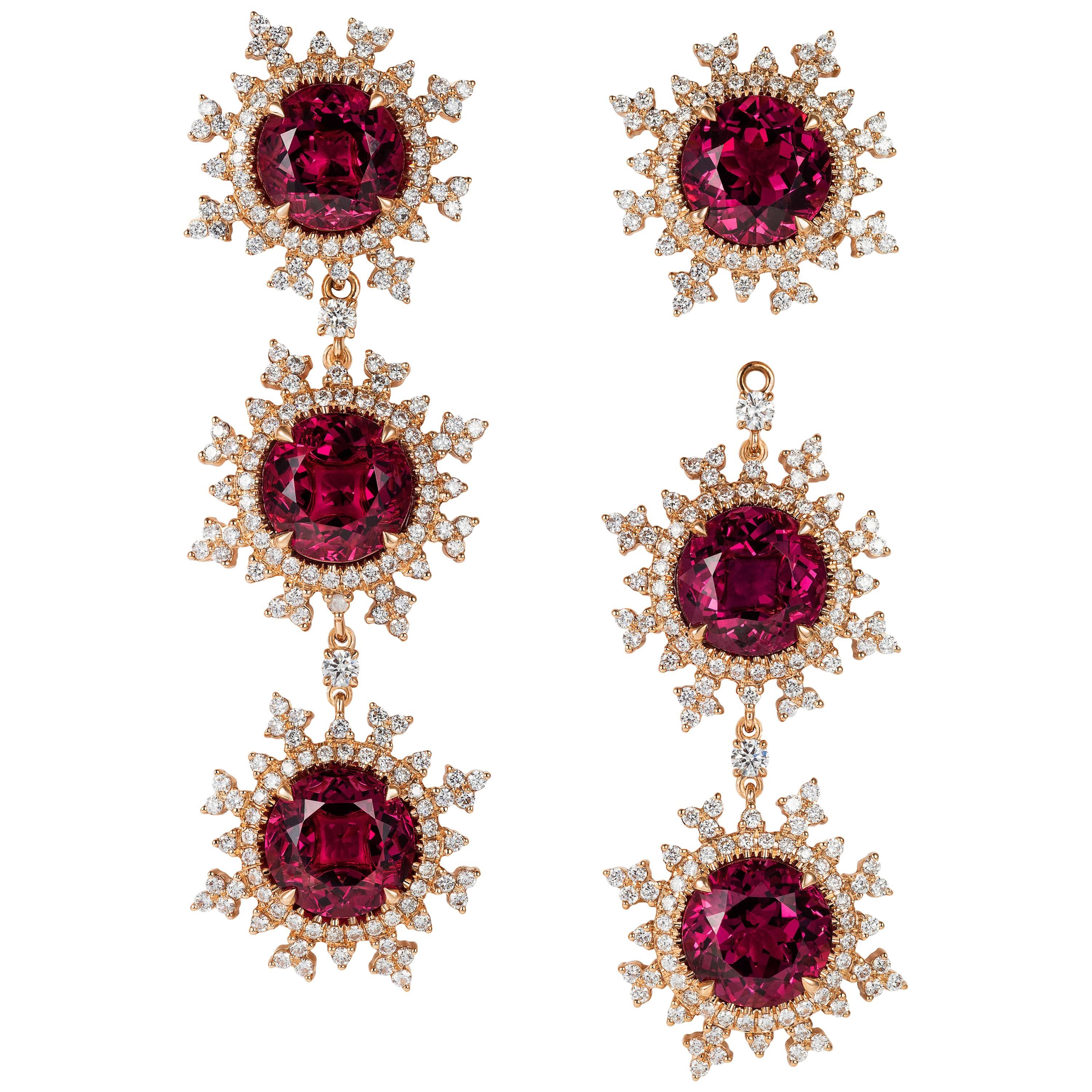 Nadine Aysoy 18 Karat Rose Gold Rhodolite Detachable White Diamond Drop Earrings For Sale