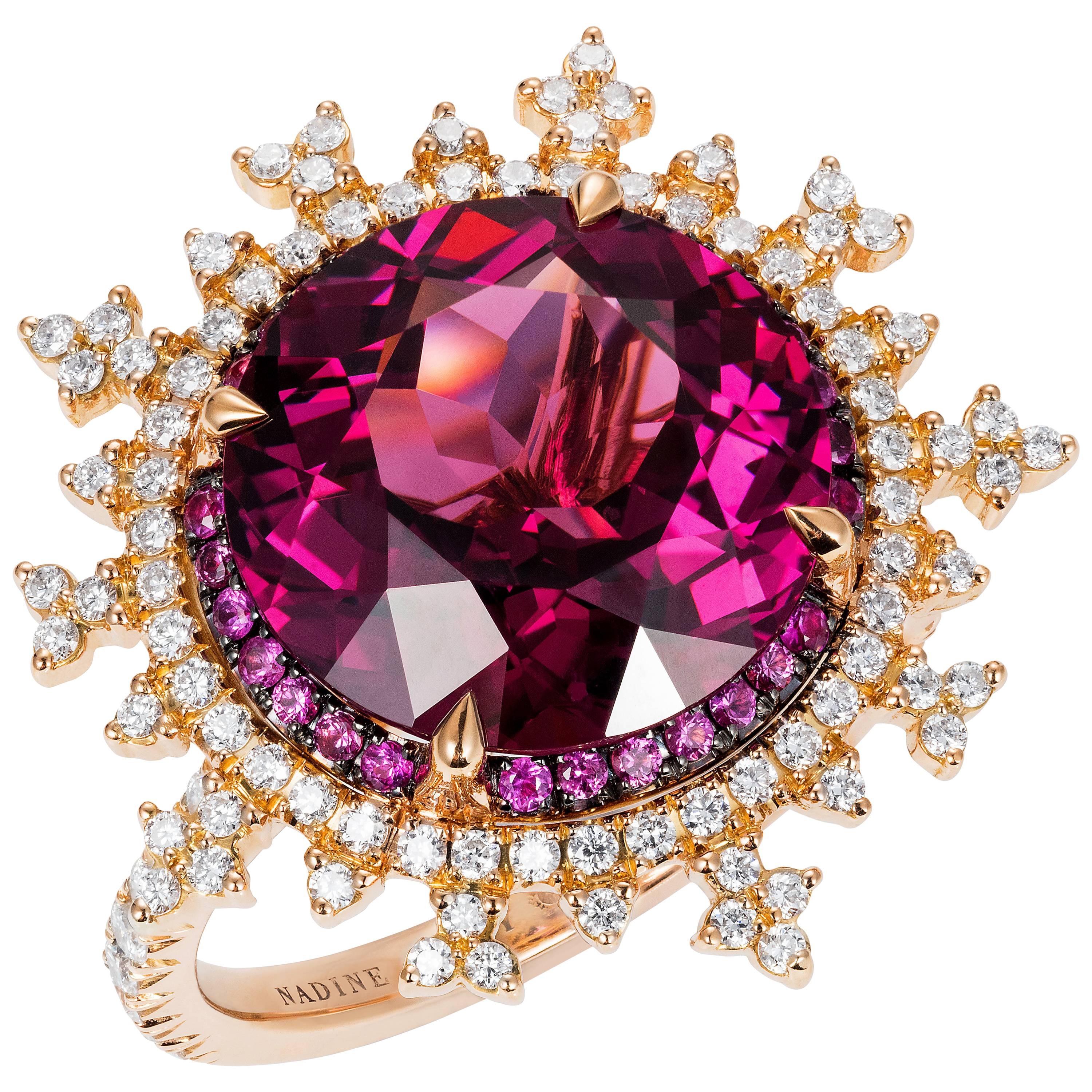 Nadine Aysoy 18 Karat Rose Gold, Red Rhodolite and White Diamond Cocktail Ring For Sale
