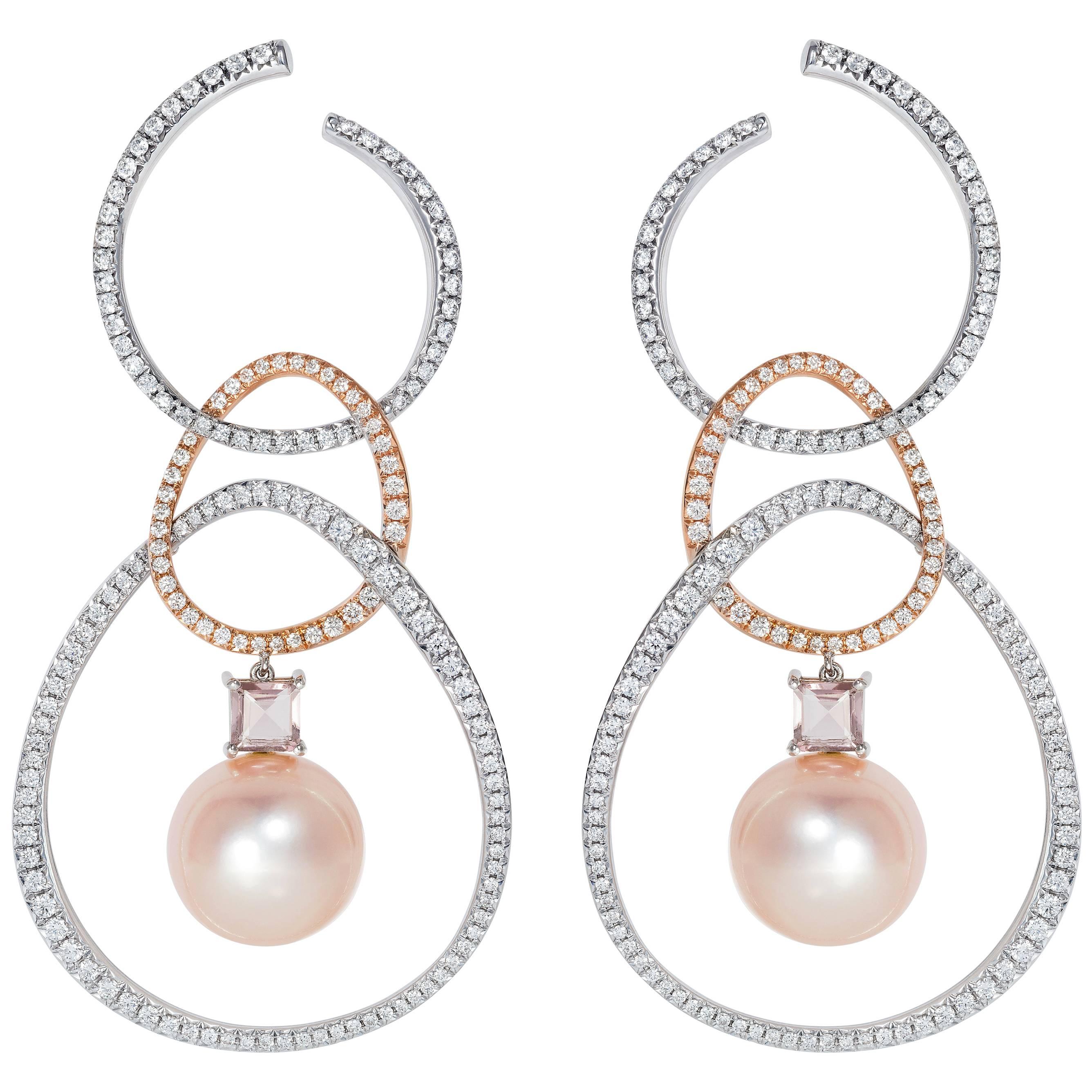 18 Karat White Gold and Diamond Rose South Sea Pearl Kunzite Hoop Dangle Earring For Sale