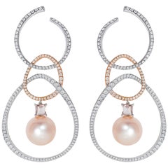 18 Karat White Gold and Diamond Rose South Sea Pearl Kunzite Hoop Dangle Earring
