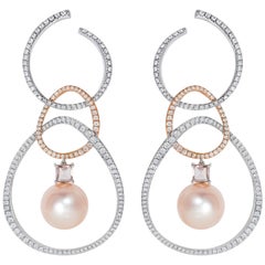 18 Karat White Gold and Diamond Rose South Sea Pearl Kunzite Hoop Dangle Earring