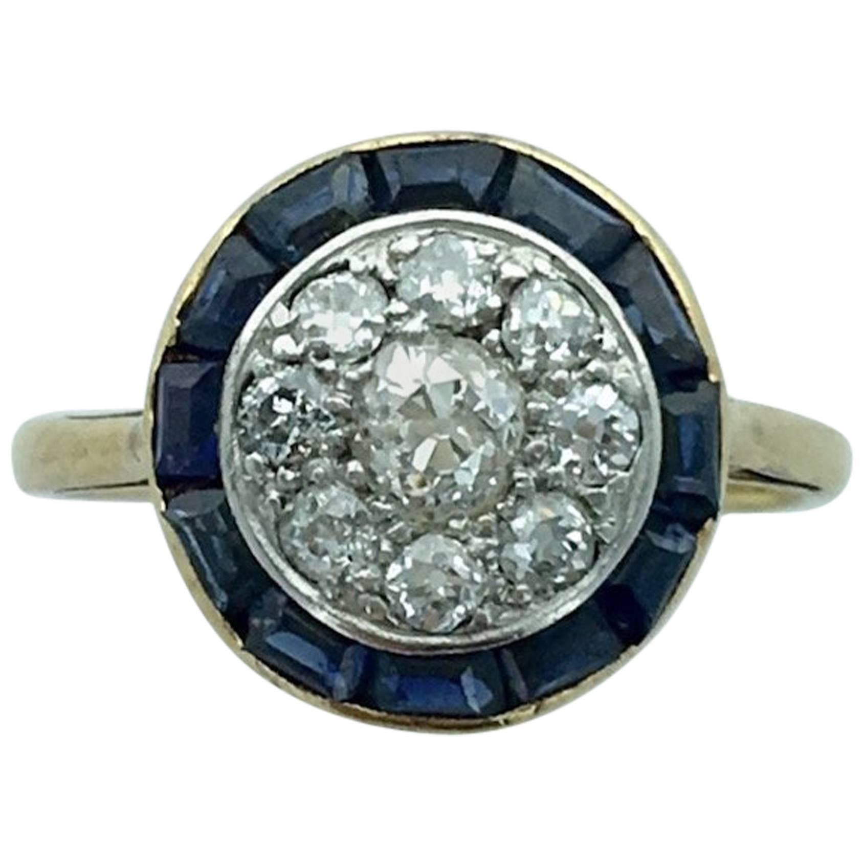 1930s Art Deco Diamond Sapphire Platinum Gold Ring