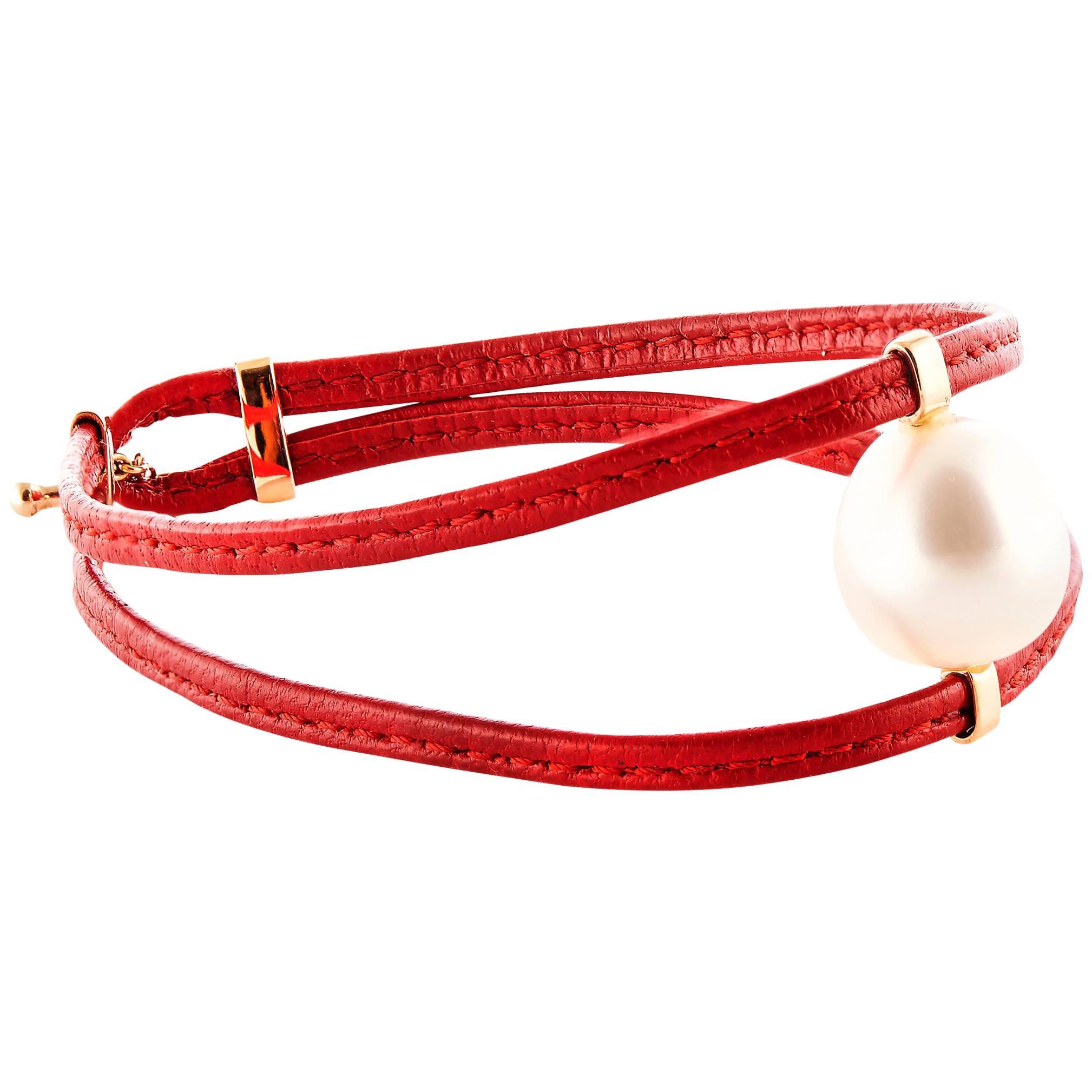 Red Leather, Rose Gold South Sea Pearl Bracelet For Sale