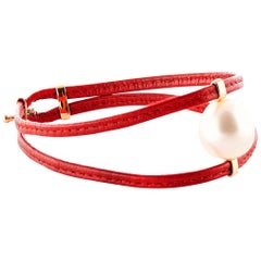 Red Leather, Rose Gold South Sea Pearl Bracelet