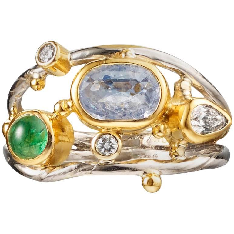 Emerald Sapphire Diamond Gold Ring For Sale