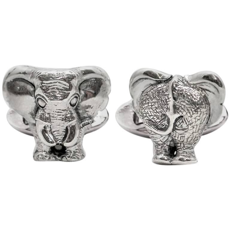 Elephant New Trunk and Cheek Sterling Silver Cufflinks For Sale