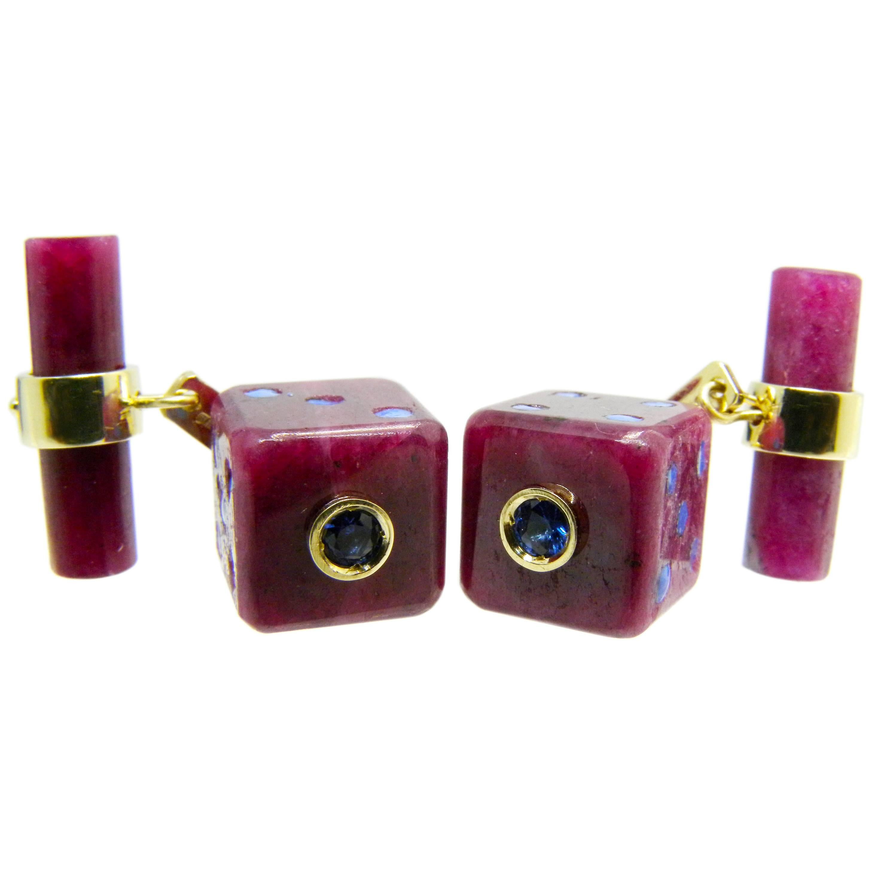 48 Carat Hand Inlaid Natural Ruby Blue Sapphire Hand Enameled Dice Cufflinks