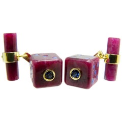 48 Carat Hand Inlaid Natural Ruby Blue Sapphire Hand Enameled Dice Cufflinks