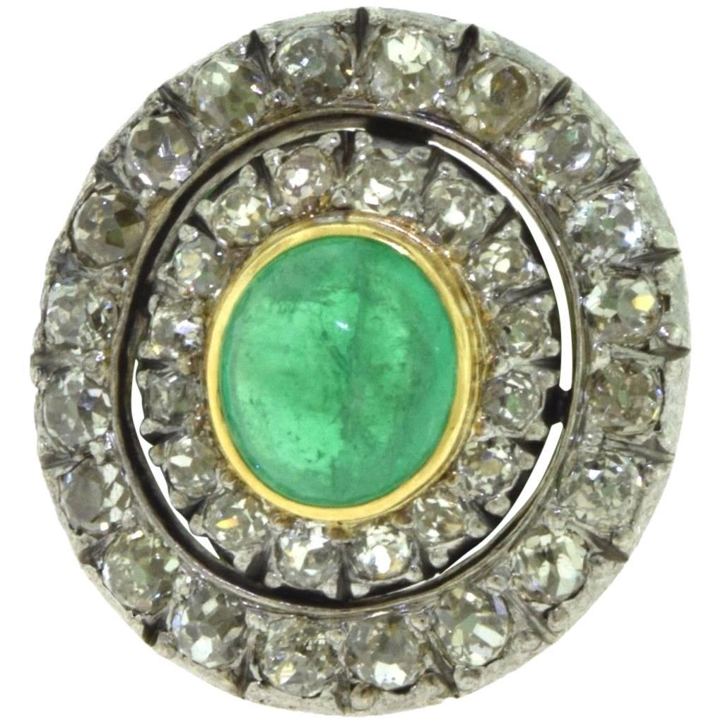 Victorian Era Large Round Emerald and Diamond Encrusted Gold Ring For Sale