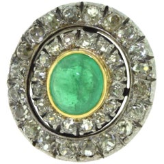 Victorian Era Large Round Emerald and Diamond Encrusted Gold Ring