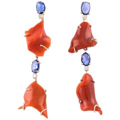 White Diamonds, Blue Sapphires, Red Coral , White and Rose Gold Earrings