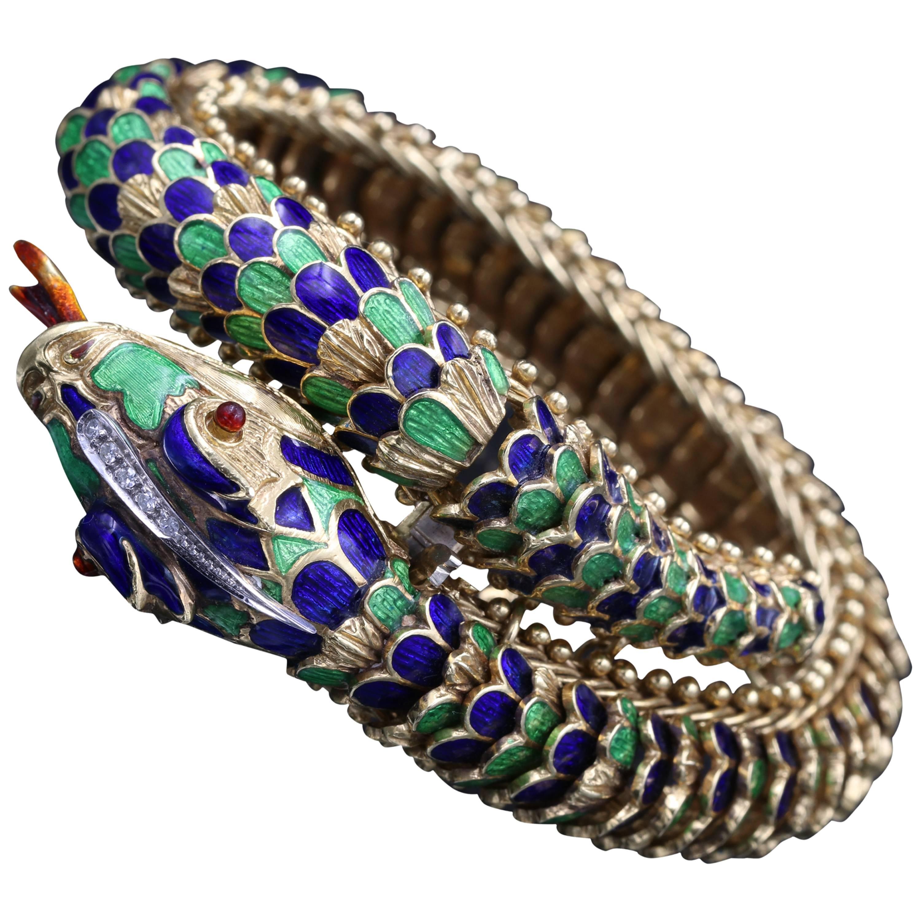 Articulated Gold, Enamel and Diamonds Snake Bracelet