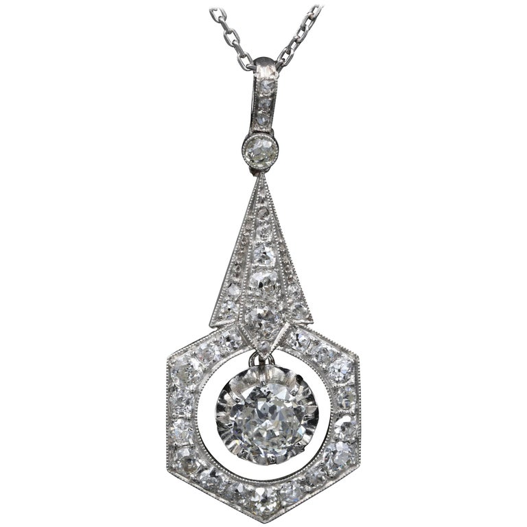 French Platinum, Gold and Diamonds Art Deco Pendant For Sale at 1stdibs