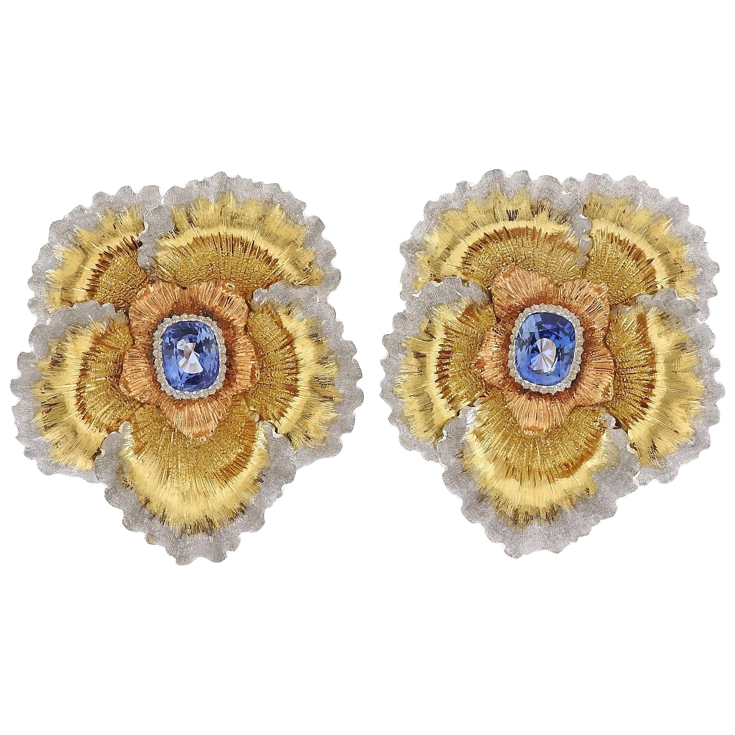 Buccellati Sapphire Tri Color Gold Flower Earrings