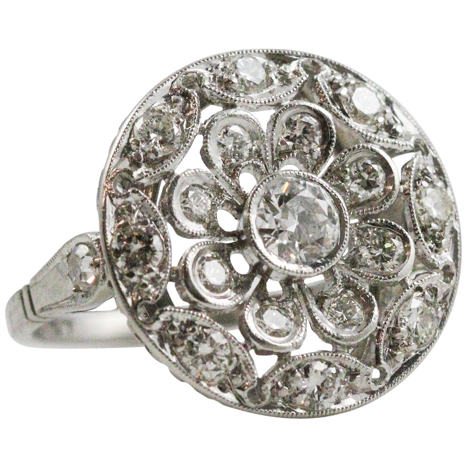 Art Deco Platinum and European Cut Diamond Circle Motif Ring