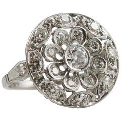 Art Deco Platinum and European Cut Diamond Circle Motif Ring