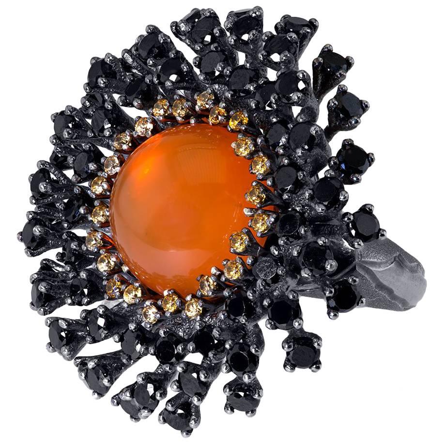 Fire Opal Spinel Garnet Sterling Silver Ring One of a Kind For Sale