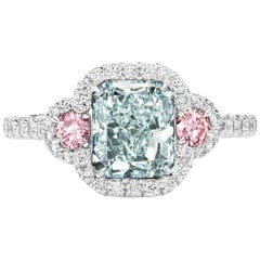 Ladies Platinum & GIA Natural Fancy Green Blue Internally Flawless Diamond Ring
