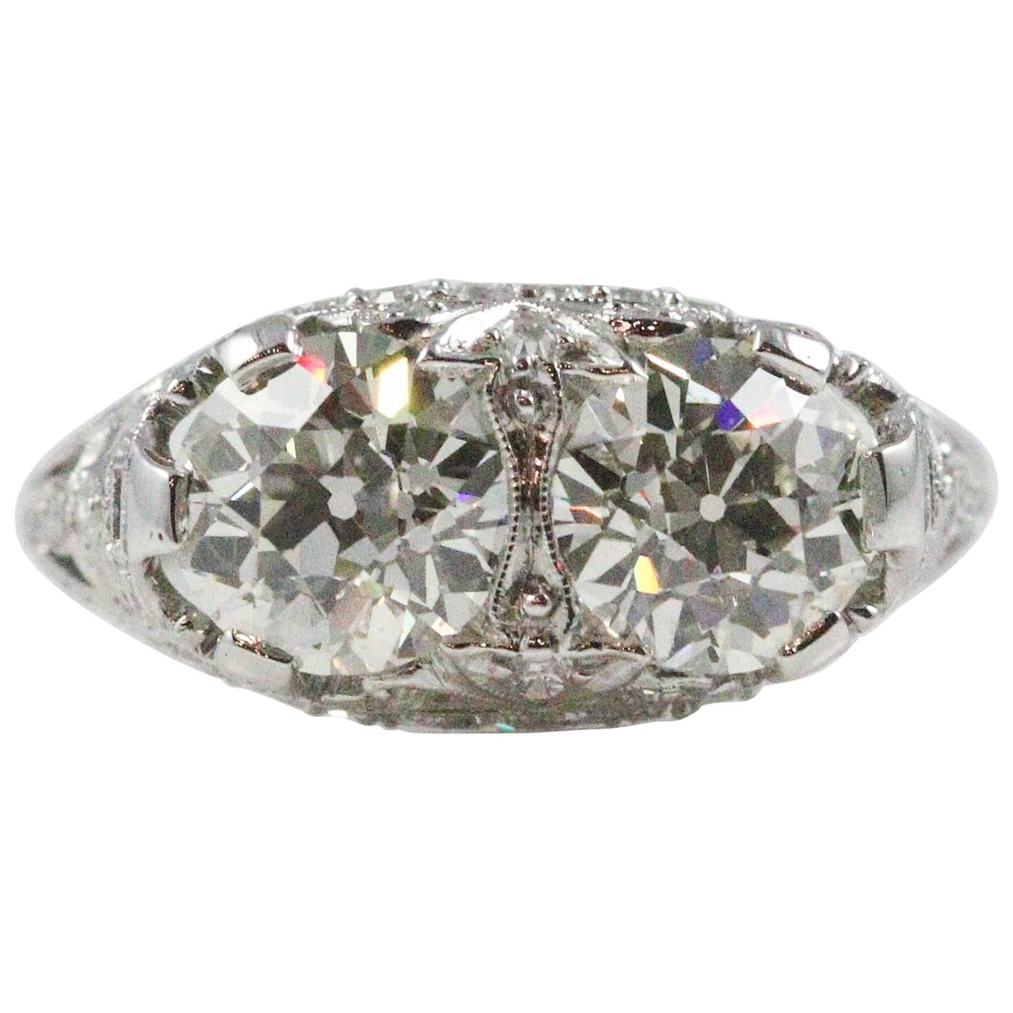 Elaborate Edwardian Double Stone European Cut Diamond Ring