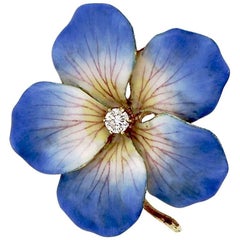 Vintage Antique Gold Blue Enamel Diamond Periwinkle Flower Brooch