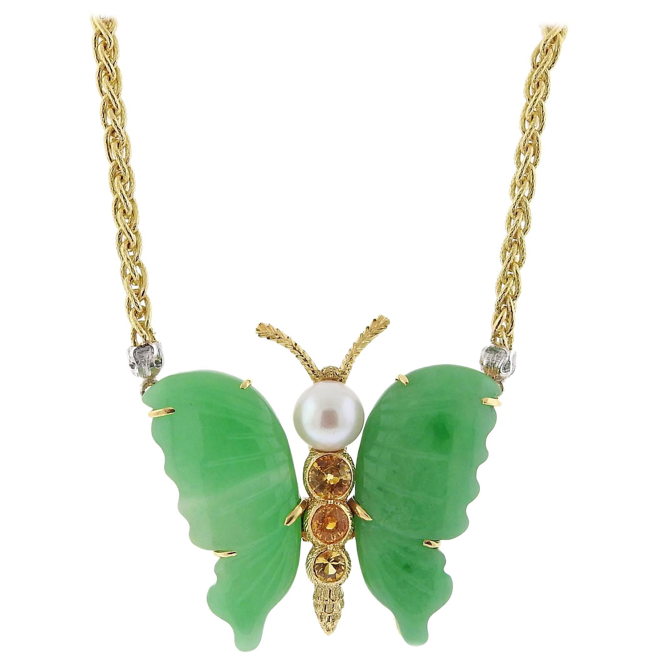 Buccellati Jade Pearl Citrine Gold Butterfly Necklace
