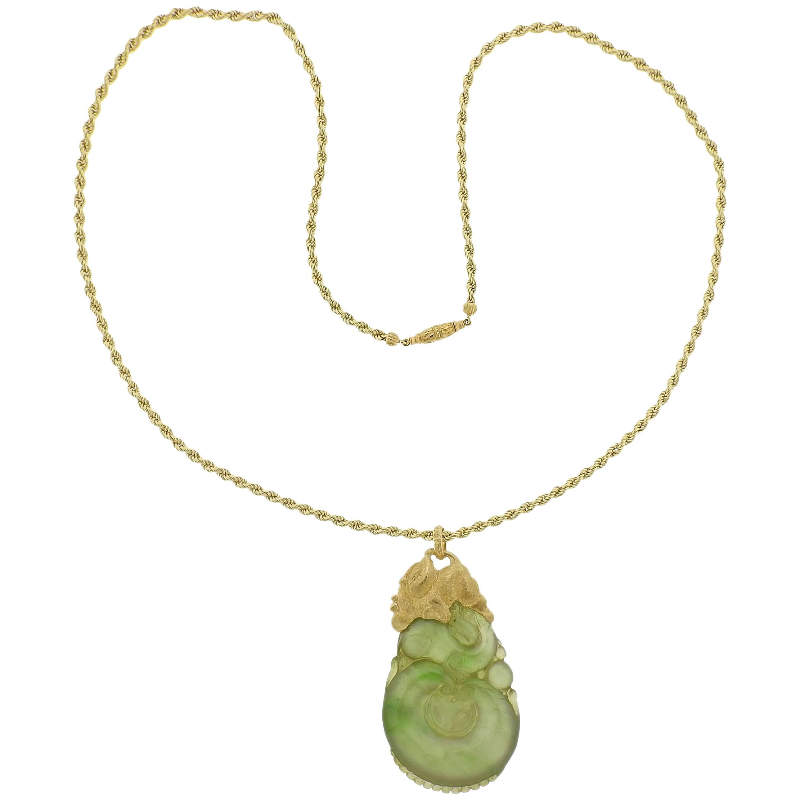 Buccellati Carved Jade Gold Pendant Necklace For Sale