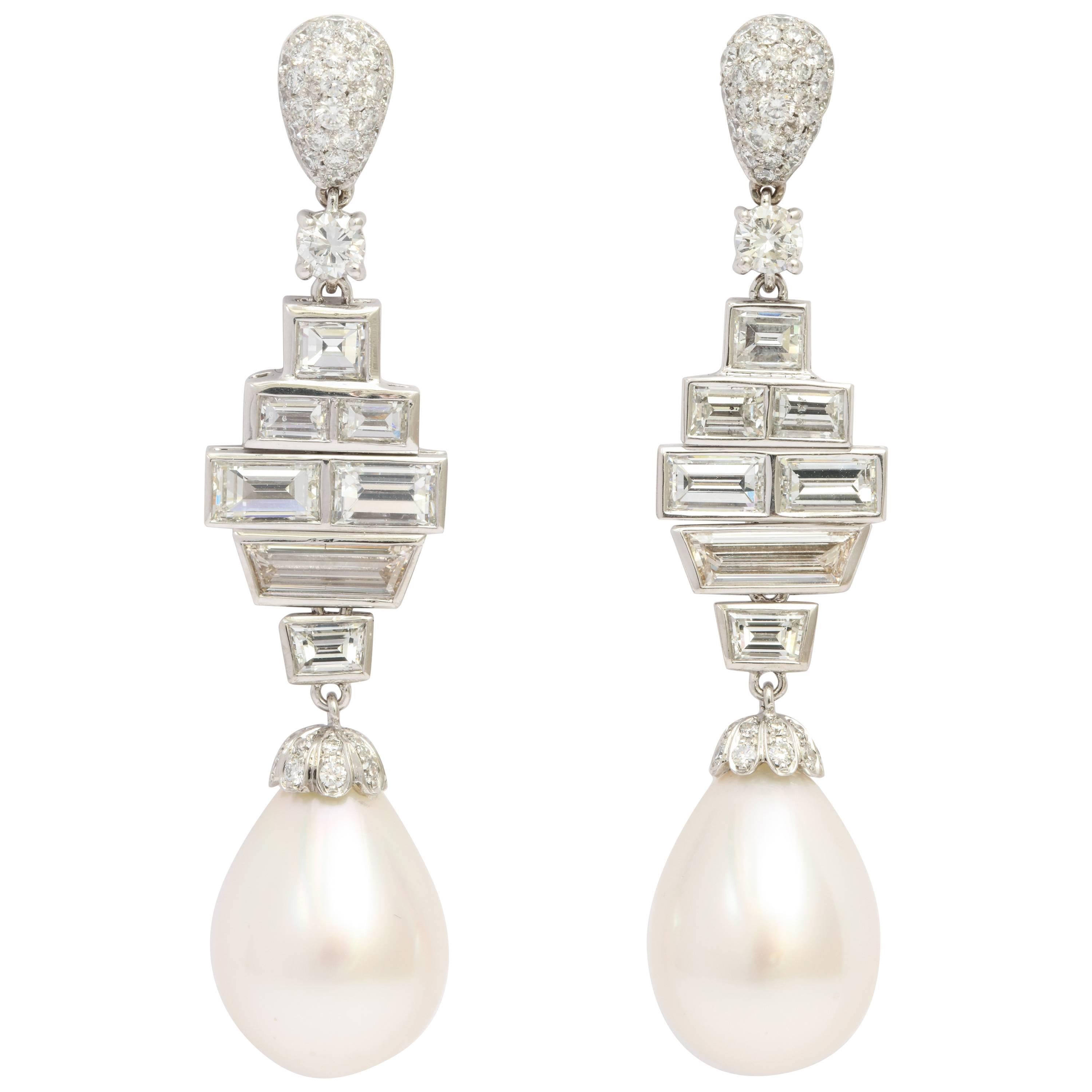 Diamond South Sea Cultured Pearl Drop Earrings