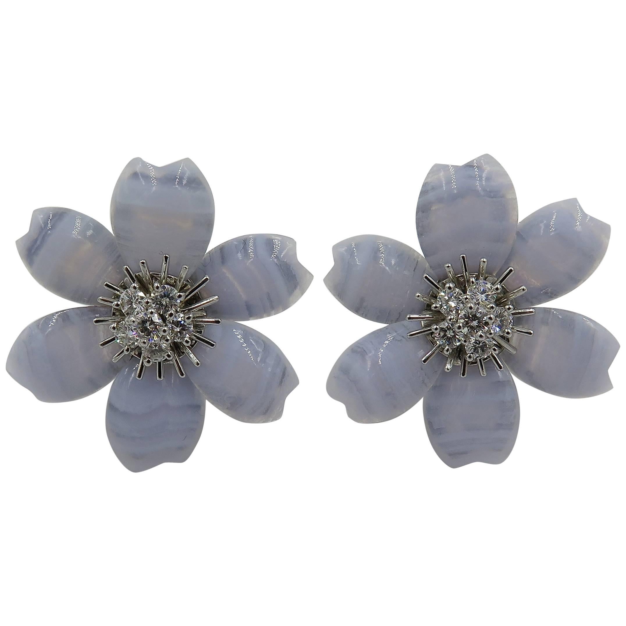 Van Cleef & Arpels Blue Lace Agate and Diamond Rose de Noel Earrings