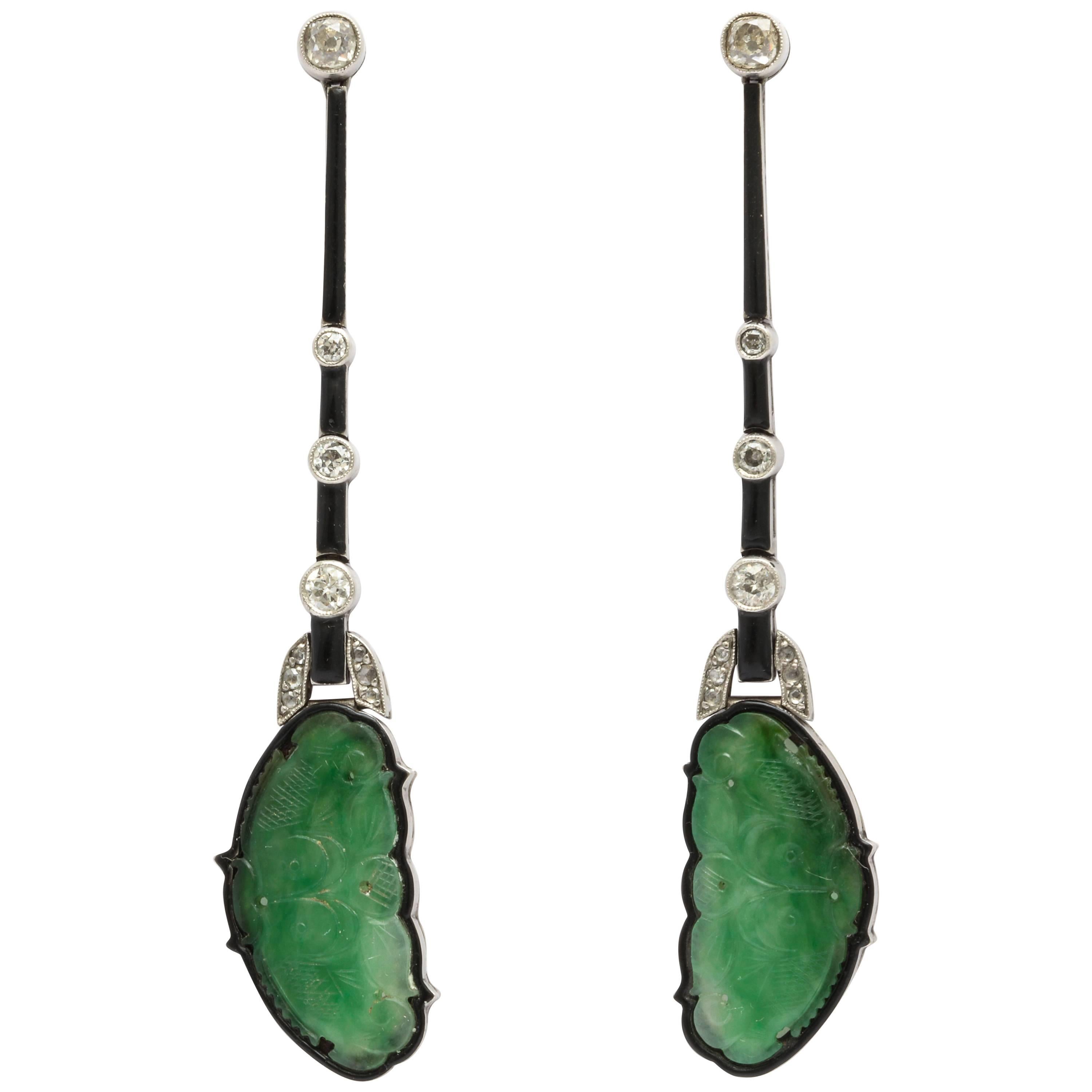 Art Deco Carved Jade Diamond and Enamel Drop Earrings