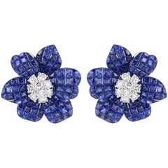 13.12 Carat Sapphire and Diamond Flower Motif Earrings