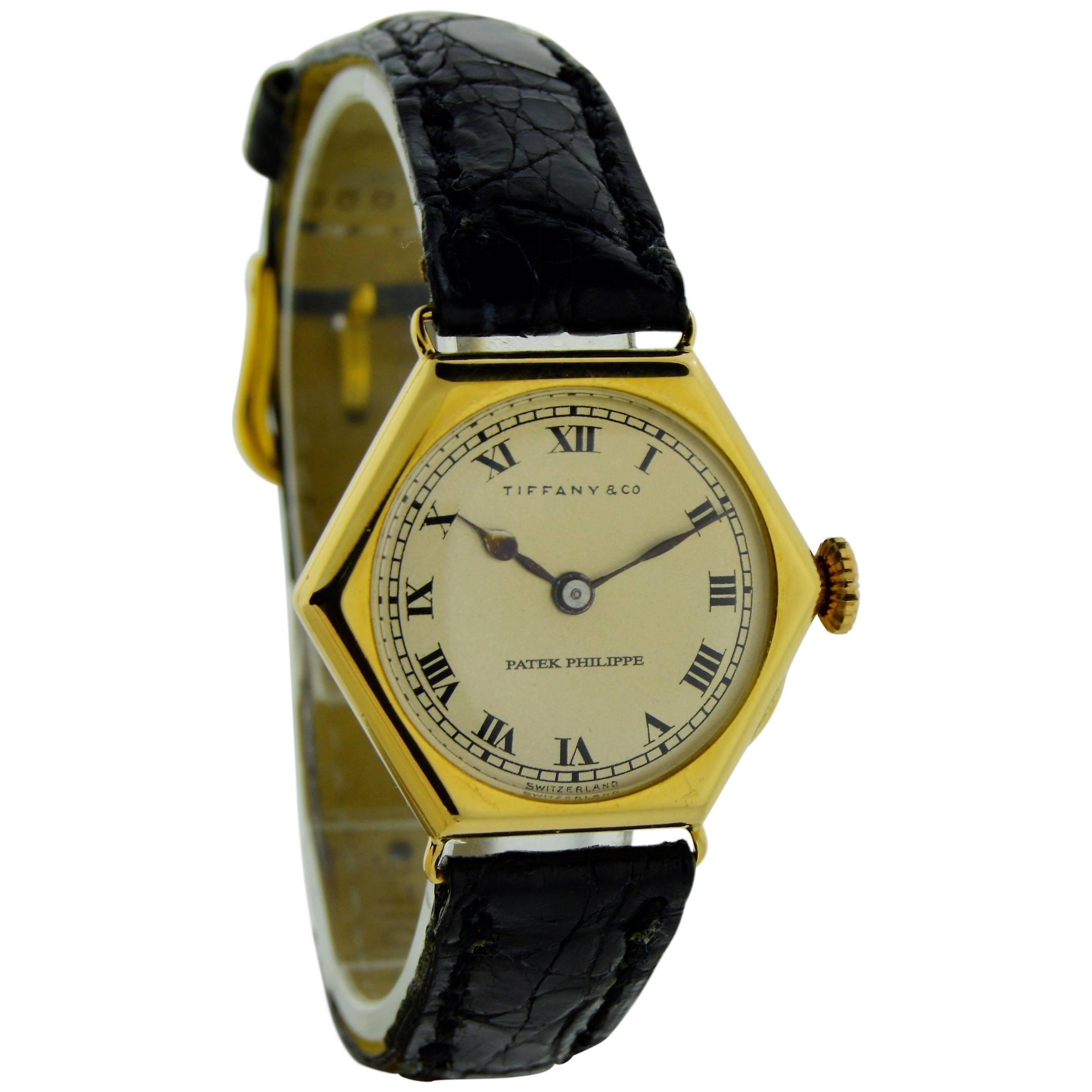 Patek for Tiffany Yellow Gold Art Deco Hexagon with Archival Dated 1918