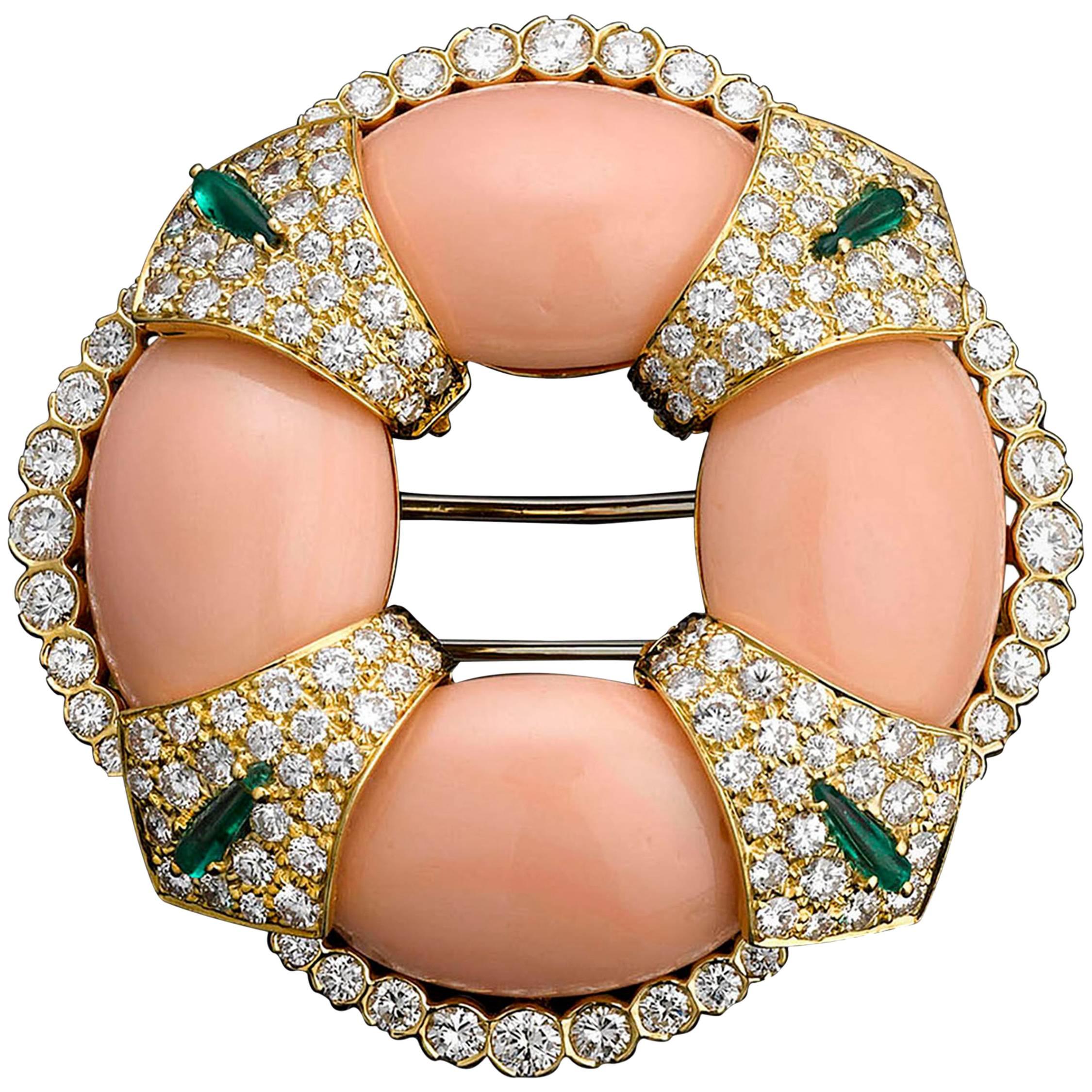 David Webb Coral Emerald Diamond Pin For Sale