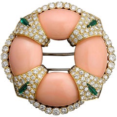 David Webb Coral Emerald Diamond Pin
