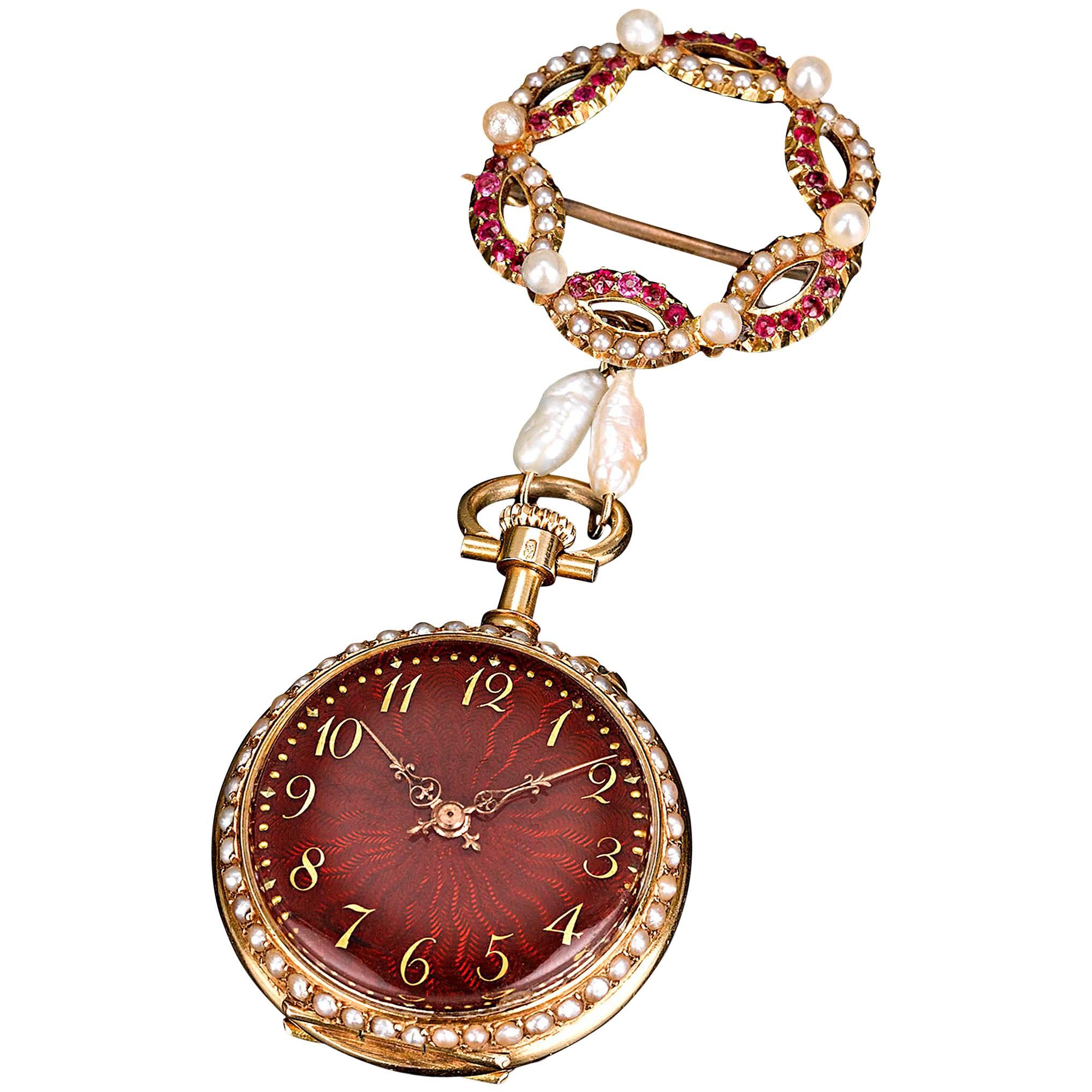 Ruby and Pearl Lapel Watch
