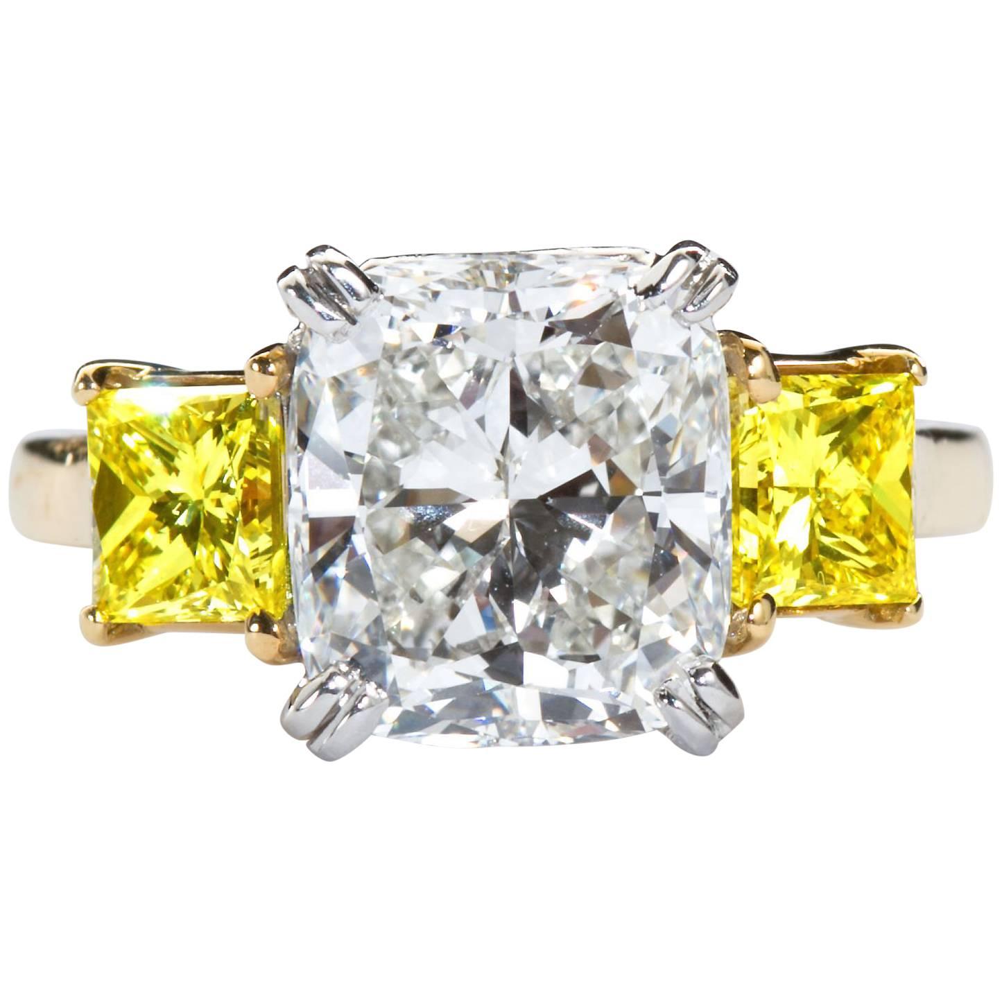 3.55 Carat Cushion Cut Diamond and Fancy Intense Yellow Princess Sides Ring GIA For Sale
