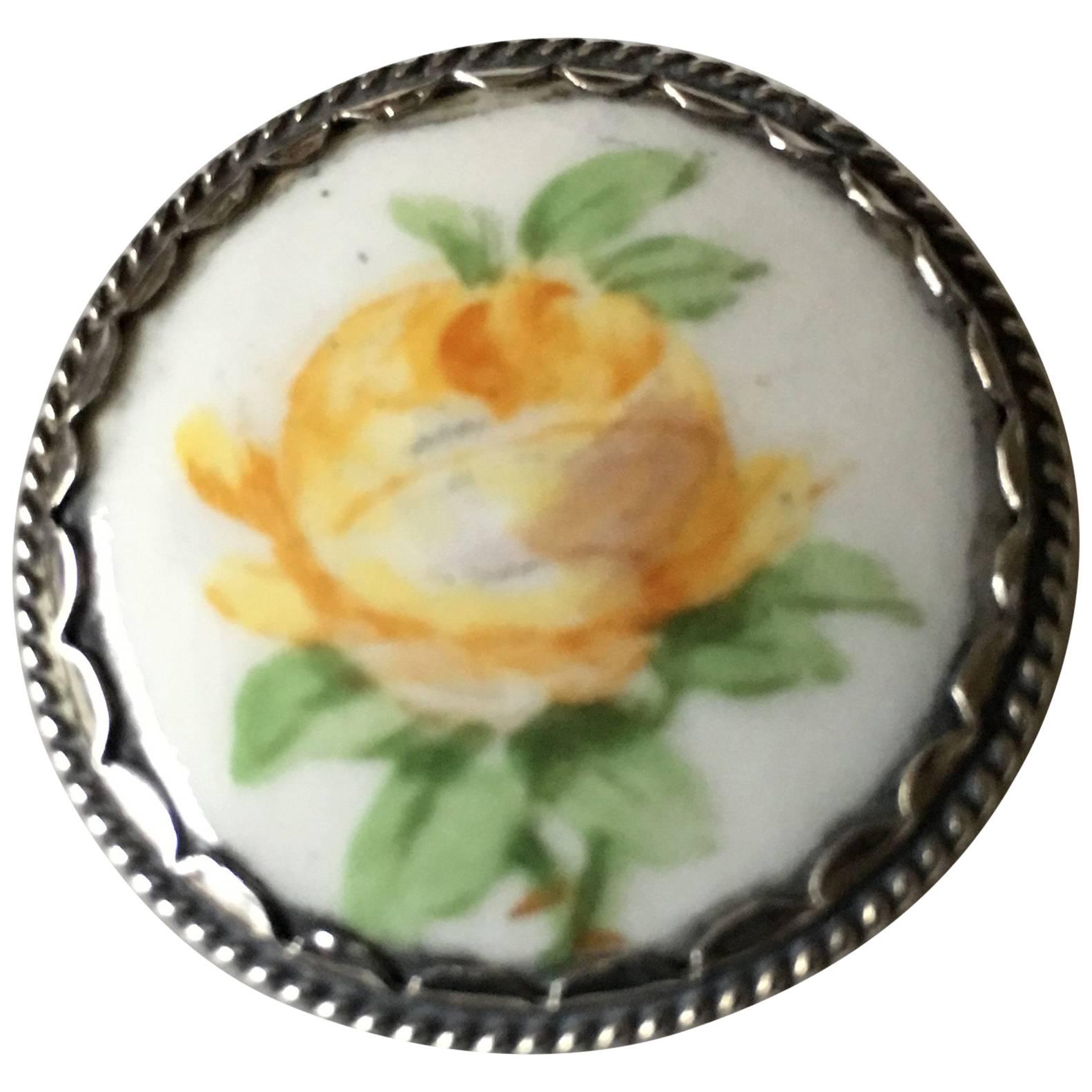 Royal Copenhagen Porcelain Button in Silver Mounting with Yellow Rose Decoration For Sale