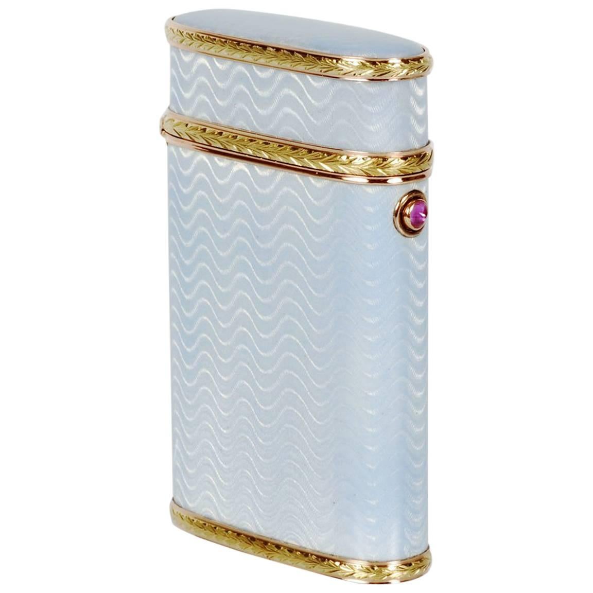 Antique Russian Imperial Gold and Ruby Mounted Guilloché Enamel Case