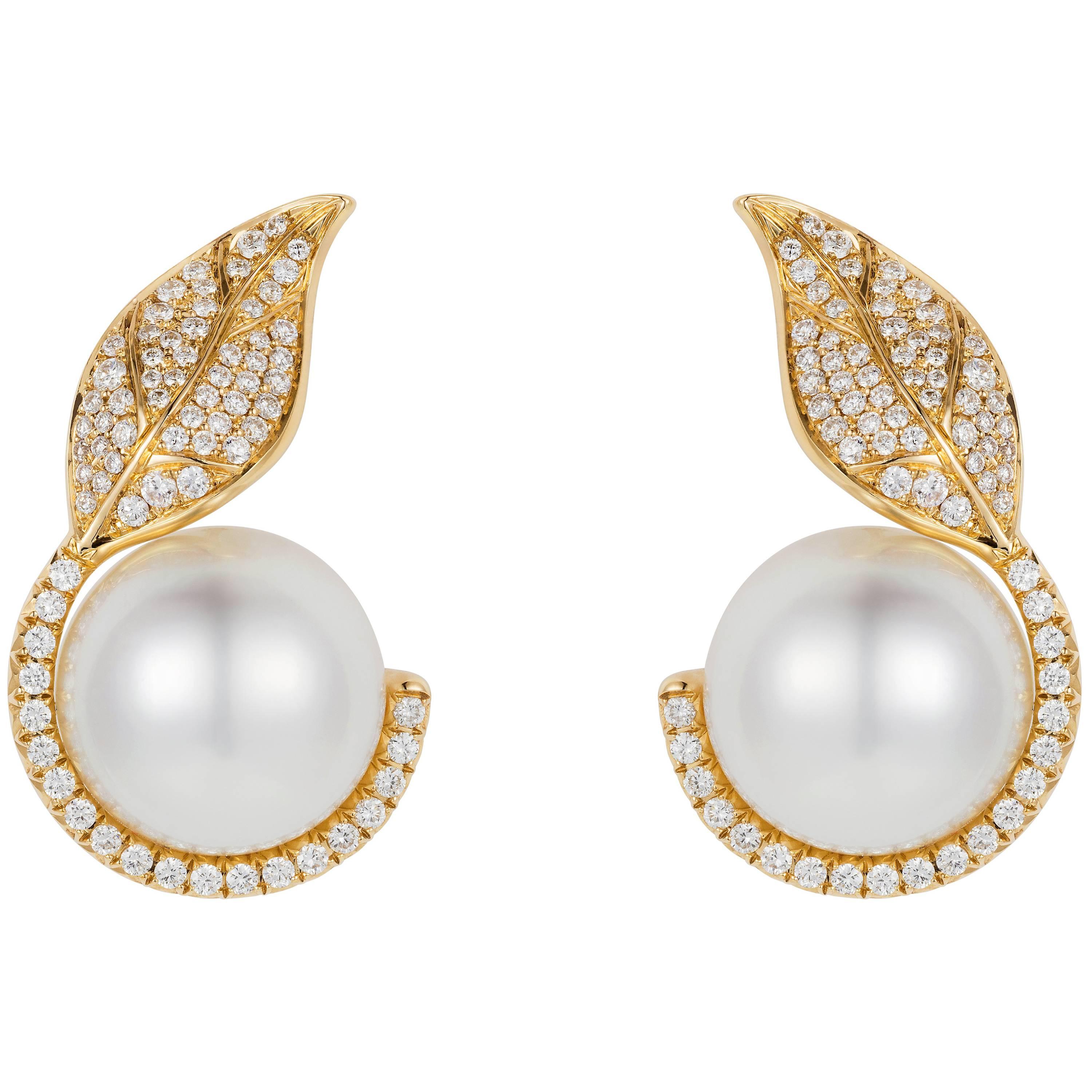 Nadine Aysoy 18K Yellow Gold, White Diamond and South Sea Pearl Stud Earrings For Sale