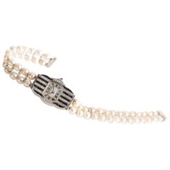 Antique Dreicer & Co. Ladies Art Deco Diamond Natural Pearl Onyx Wristwatch